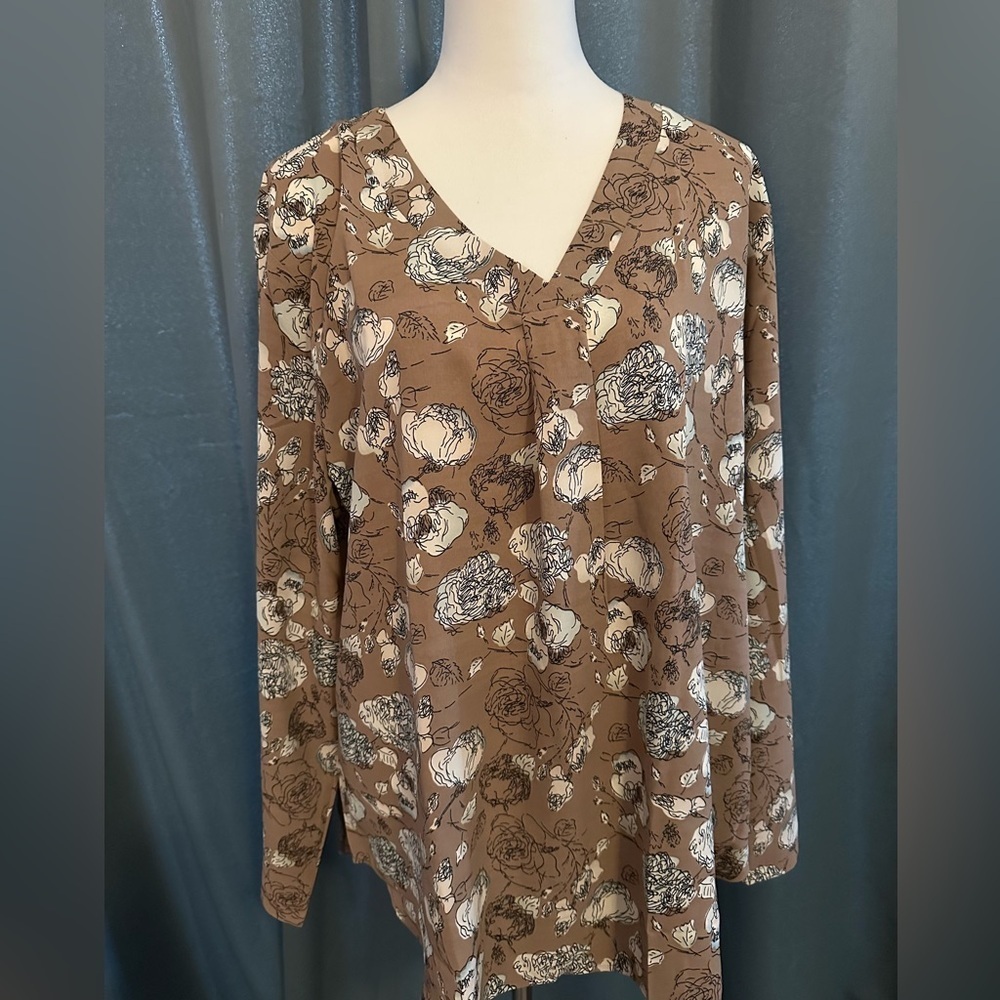 Youtalia Brown Floral Blouse with V Neck 100% Polyester NWOT